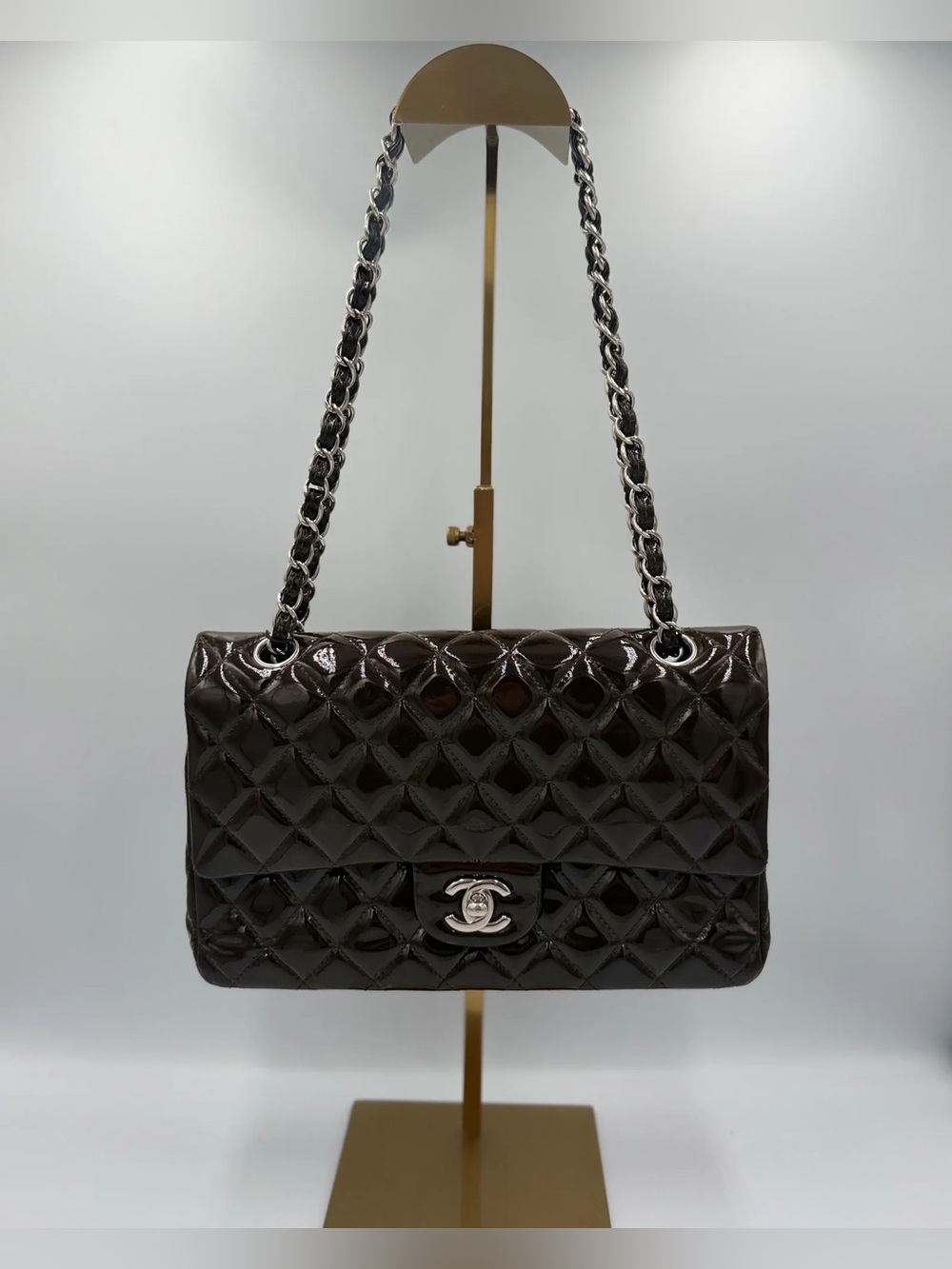 Chanel Classic Medium Double Flap — Dark Brown Patent Silver HW